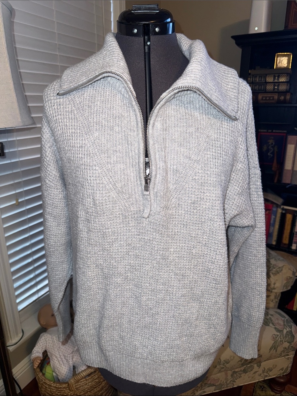 aerie Light Gray Half-Zip Knit Sweater